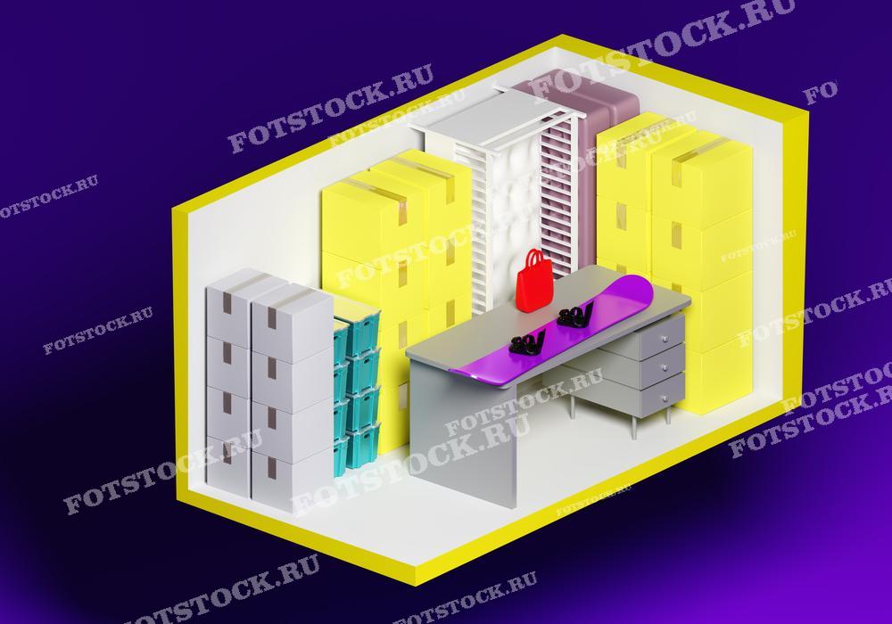 На изображении показана иллюстрация склада, где находятся аккуратно сложенные личные вещи и мебель. Все элементы организованы в компактном пространстве, символизируя хранение и складирование вещей.